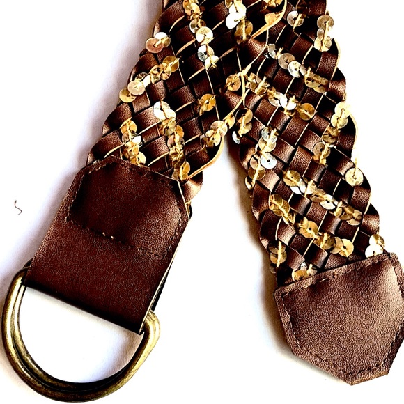 Vintage Y2K Brown Braided Gold Sequins Wide D Ring Belt - Picture 3 of 7